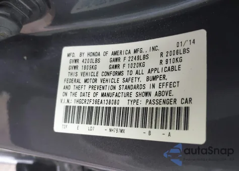 2014 Honda Accord Lx z USA, uszkodzony, nr VIN 1HGCR2F36EA138080